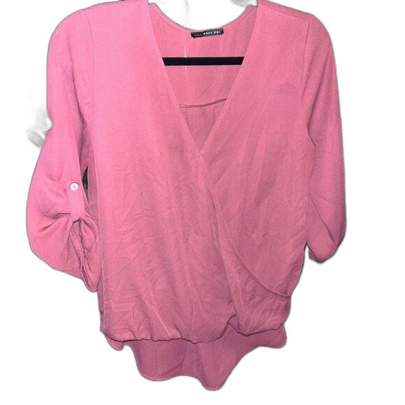 !Anthropologie West Kei Alexa Surplice V-Neck Roll Tab Pink Blouse Top Sz. Small - Picture 1 of 6